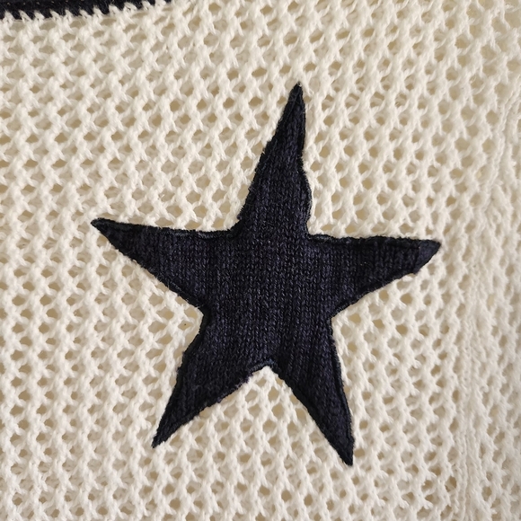 Crochet Open White Knit Blue Star Patchwork Long Sleeve Cover Up Top - Picture 4 of 8